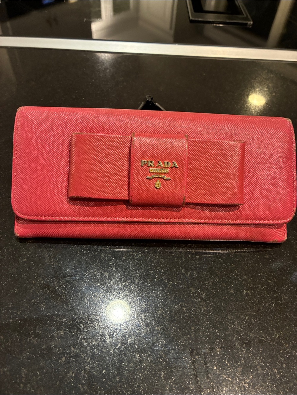 Prada Coral Pink Saffiano Leather Bow Clutch Wallet